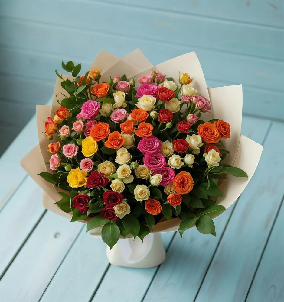 Букет Микс из разноцветных кустовых роз в Чесноковка