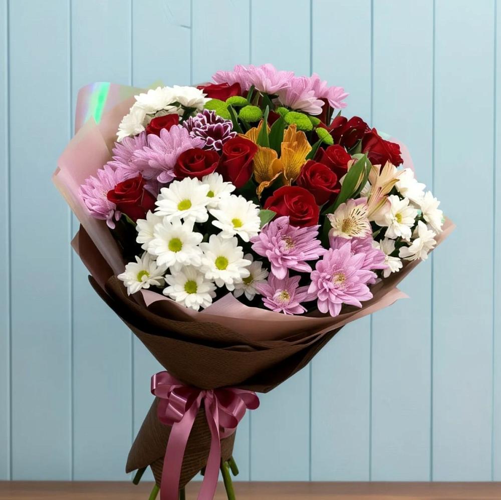 Букет цветов из: Розы, Хризантемы и Альстромерии в Чесноковка