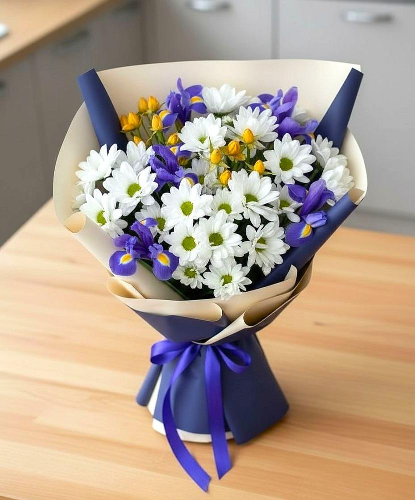 Букет цветов из: Розы, Ирисы и Хризантемы в Чесноковка