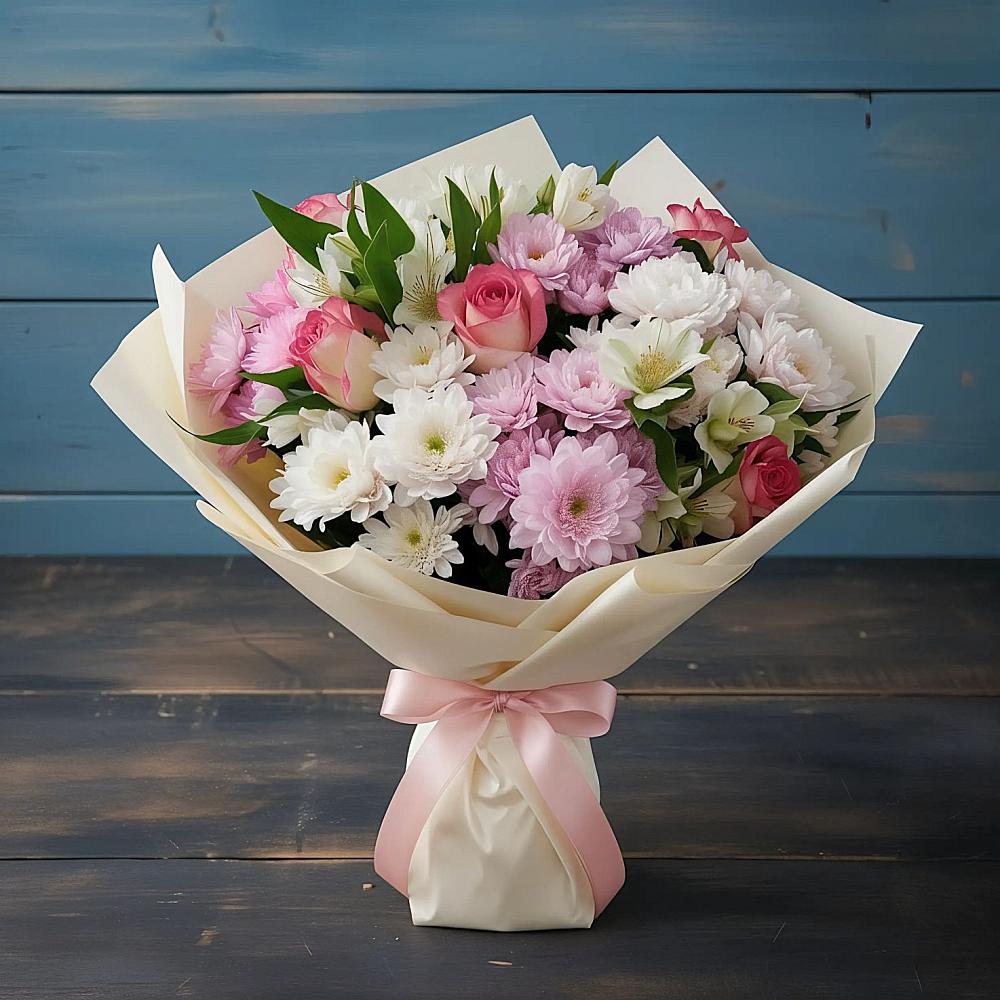 Букет цветов из: Хризантемы, Альстромерии и Розы в Чесноковка